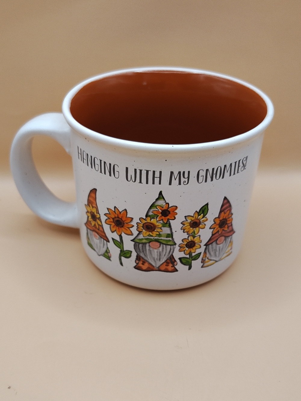 White Ceramic "Hanging With My Gnomies" Mug with Orange Interior